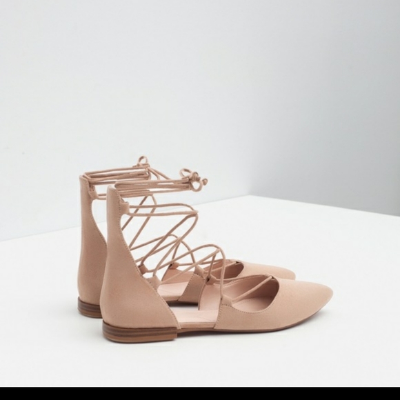 Zara Taupe Lace Up Flats - Picture 2 of 12